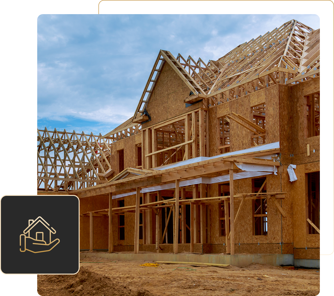 Wooden house under construction with blue sky.