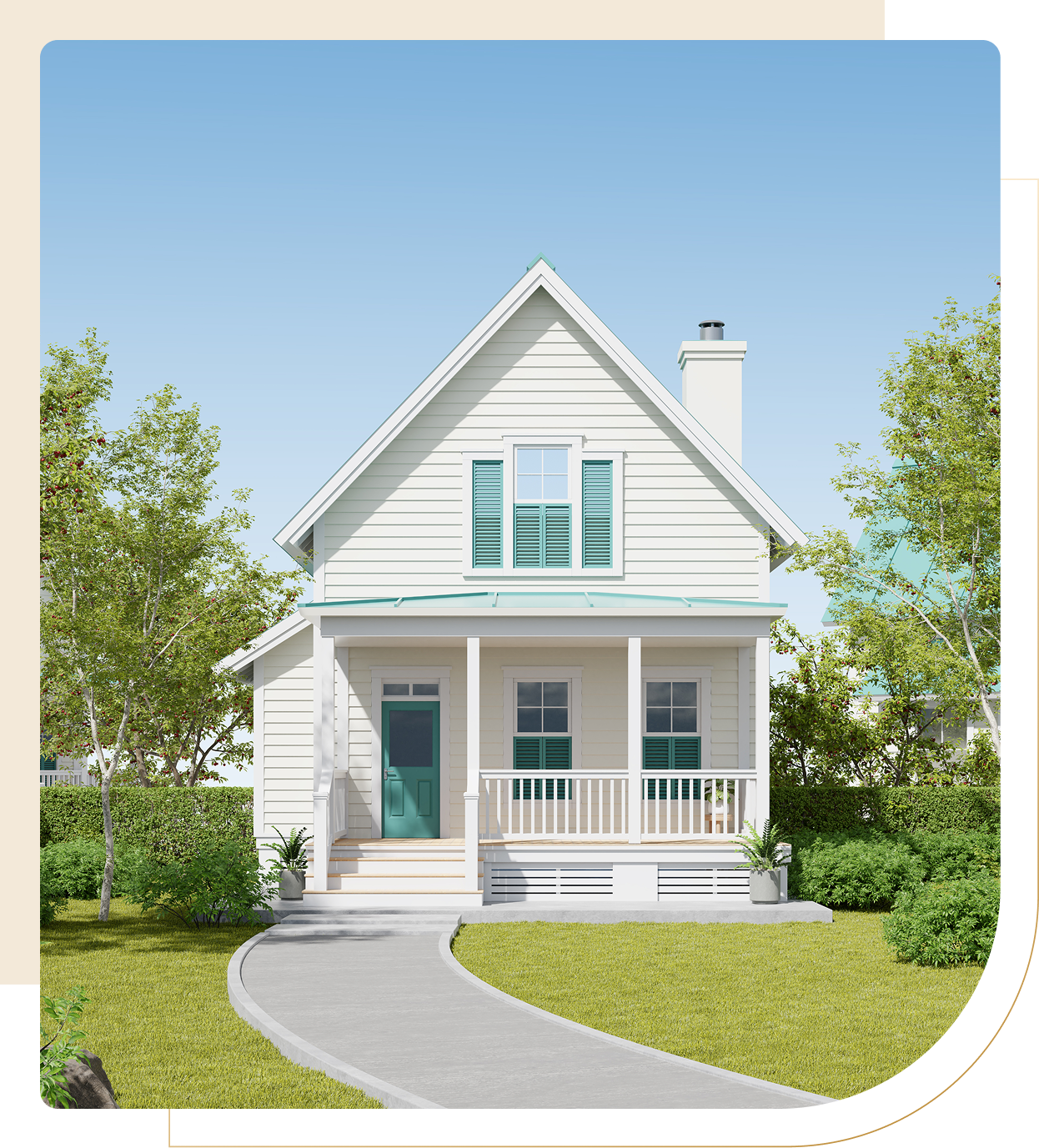 Small white house with green door.