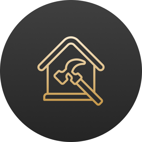 House with hammer icon on dark background.