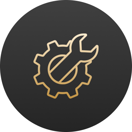 Wrench and gear icon on dark background.