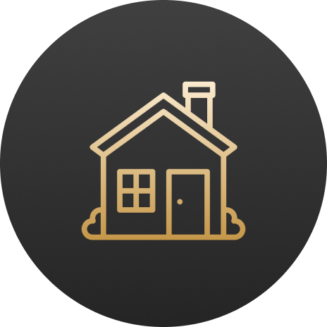 Gold house icon on black circular background.